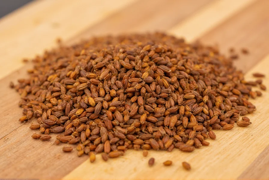 Close-up view of cumin seeds showing their distinctive ridged texture and warm brown color on a wooden cutting board