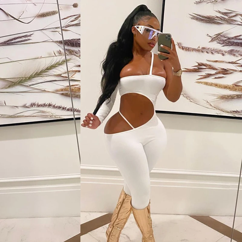 

Bomblook A21JP265 Sexy Hollow Out Jumpsuit Women Solid White Bodycon One Piece Jumpsuit Women Activewear