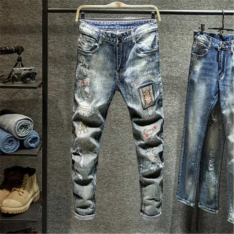 

Embroidered jeans men's 2020 spring slim stretch feet pants men's hole patch embroidery Chinese style men's pants, Customized color