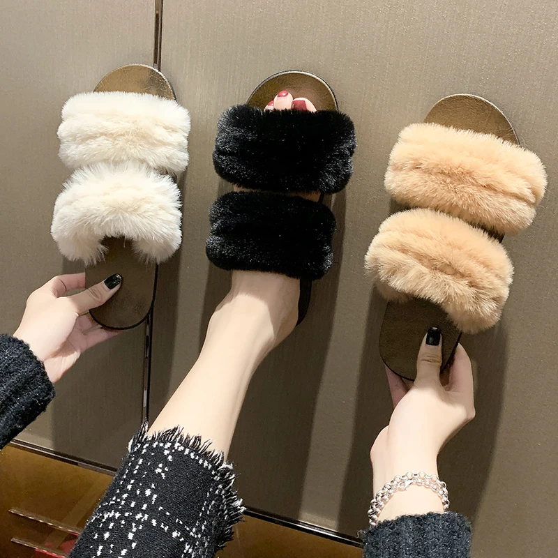 

Newest women fur slippers faux furry shoes slides sandals winter fall open toe cotton plush slipper, Begin/black/khaki