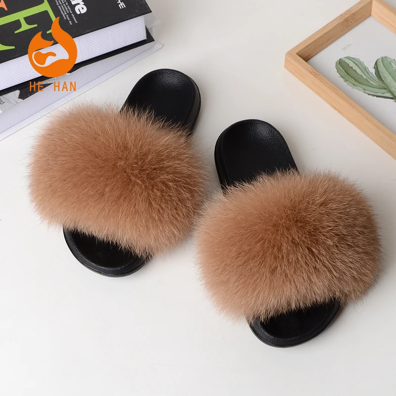 

wholesale women and kids fluffy fur slides fox slippers with custom logo