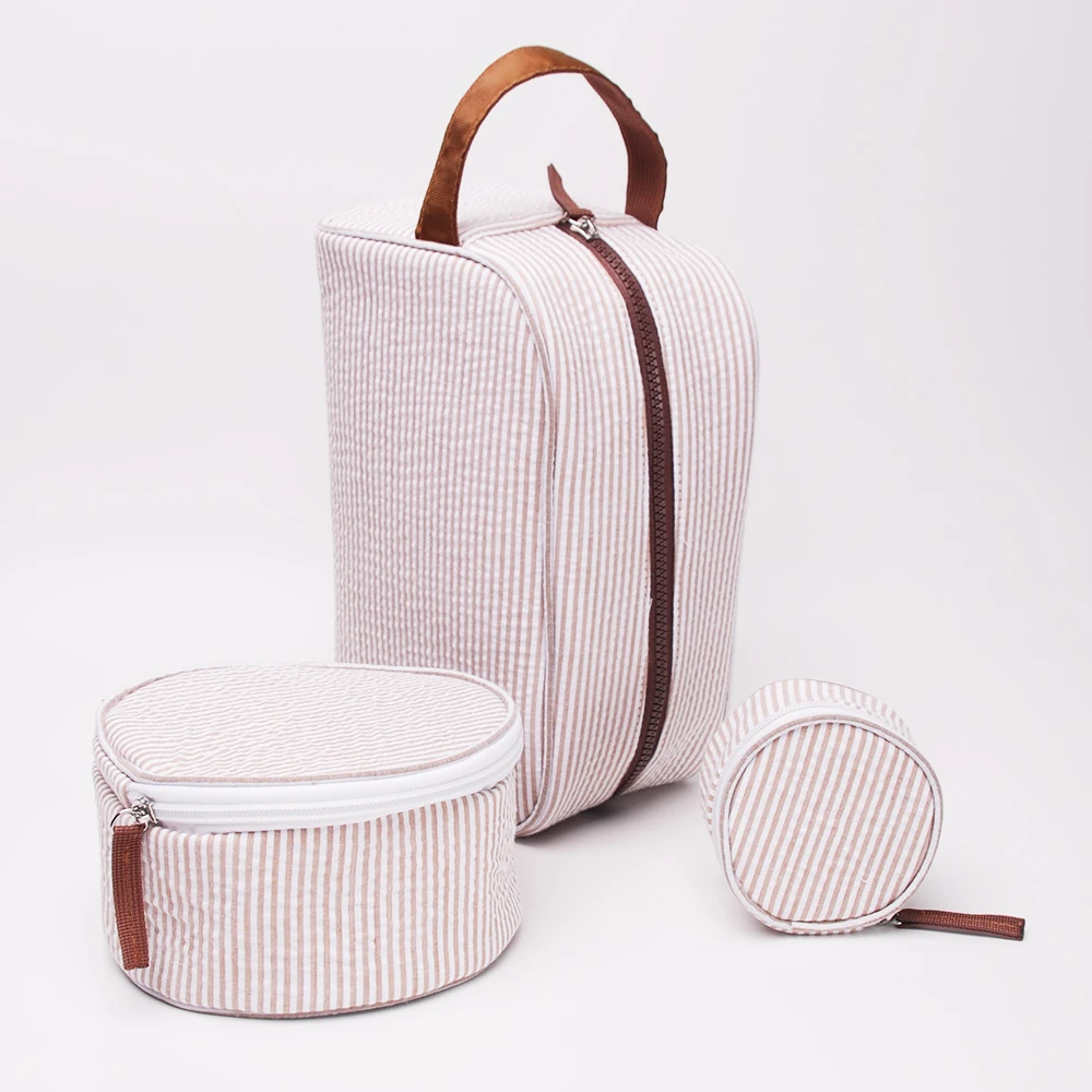 

Seersucker Cosmetic Bags DOM1131566 Set 3pcs in One Stripe Women Makeup Bag