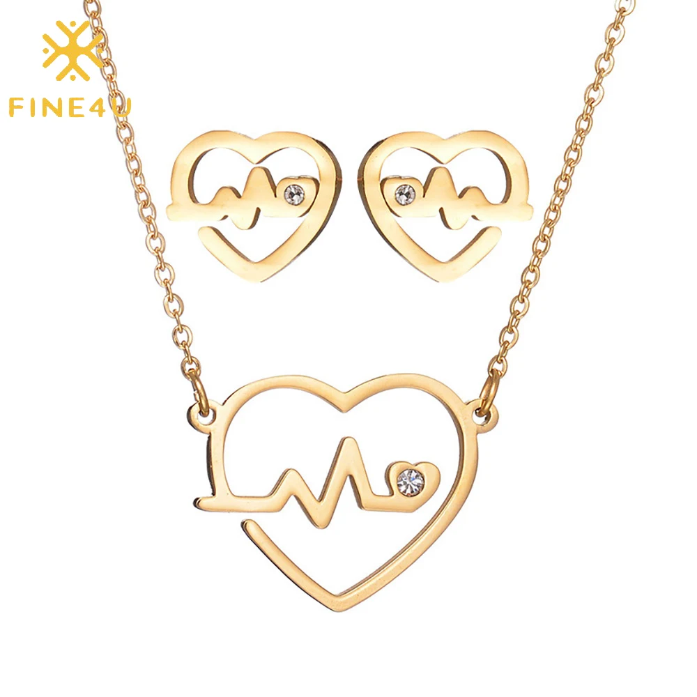 

Gold plated stainless steel cz stone zircon heartbeat ECG earrings necklace set accessories jewelry women set, Gold, steel, rose gold