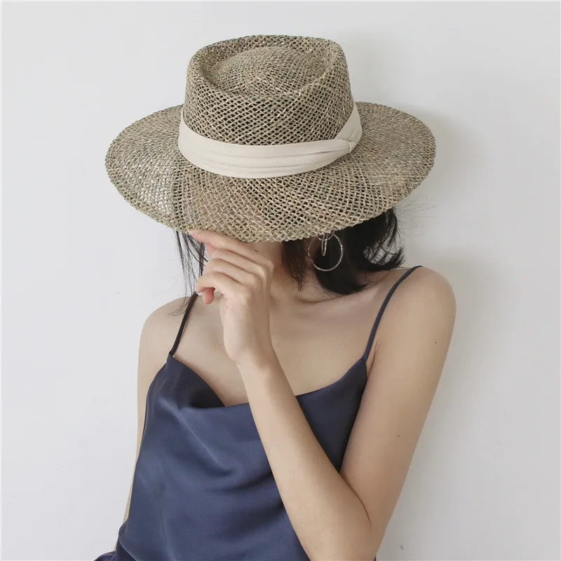 

Natural Grasses Fashion Summer Hat Women Straw Beach Visor Protection Sun Hats Flat Brim Sun Hat