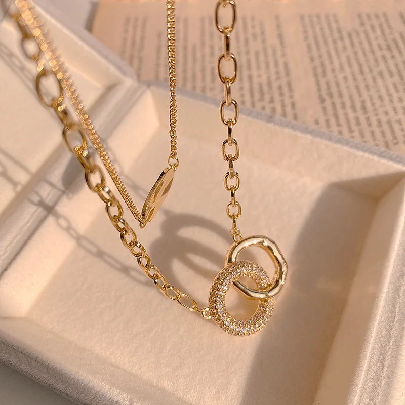 

New Jewelry Gold Plated Link Chain Tags Circle Pendant Necklace Chic Stainless Steel Double Layer Interlocking Circle Necklace