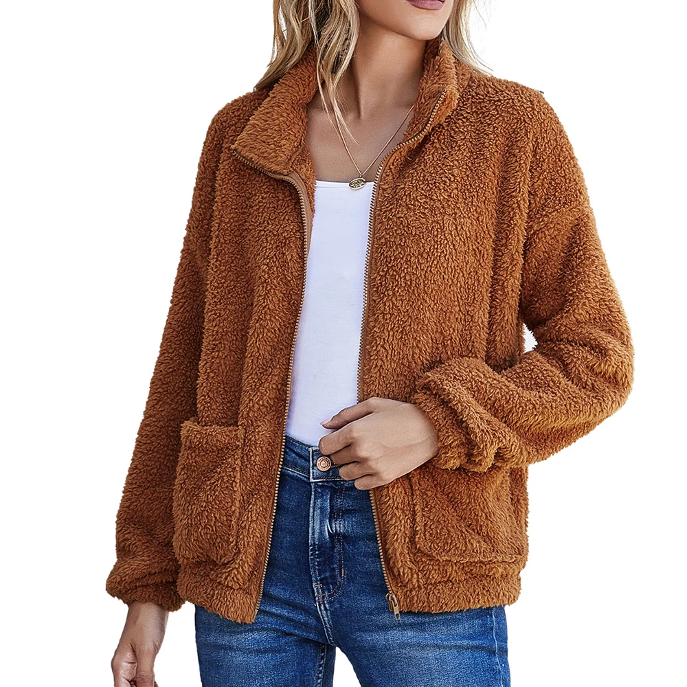 

Autumn Winter New Double Face Plush Top Women's Fashion Solid Color Long Sleeve Lapel Coat, As show