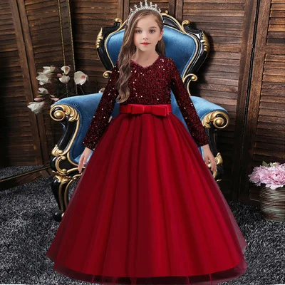 

European style high end dance shiny 10 years girl dresses long sleeve children's party dress sequins night dress for kids, Green,gray,red,dark blue