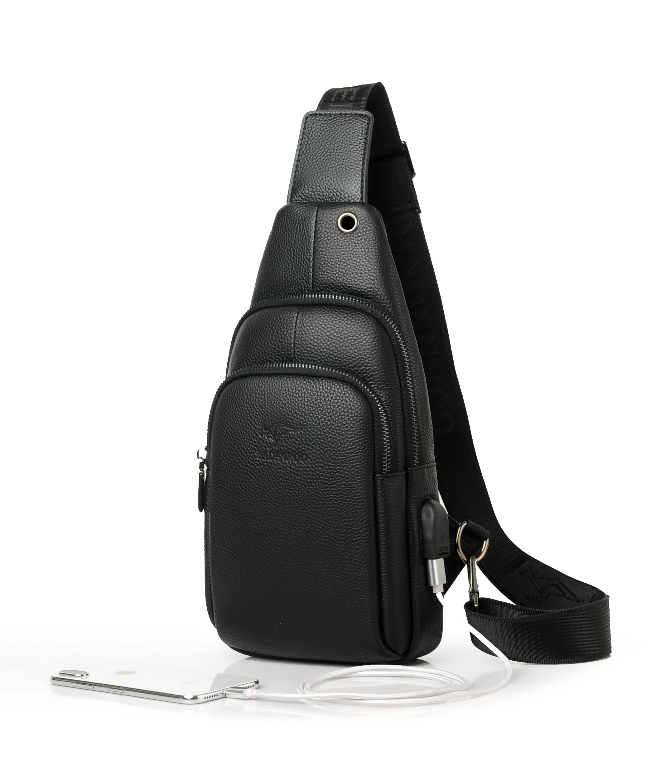 

Hot Selling Shoulder Men Genuine Leather Chest men cross body bag Single Shoulder Bags Charging with USB, Black and brown