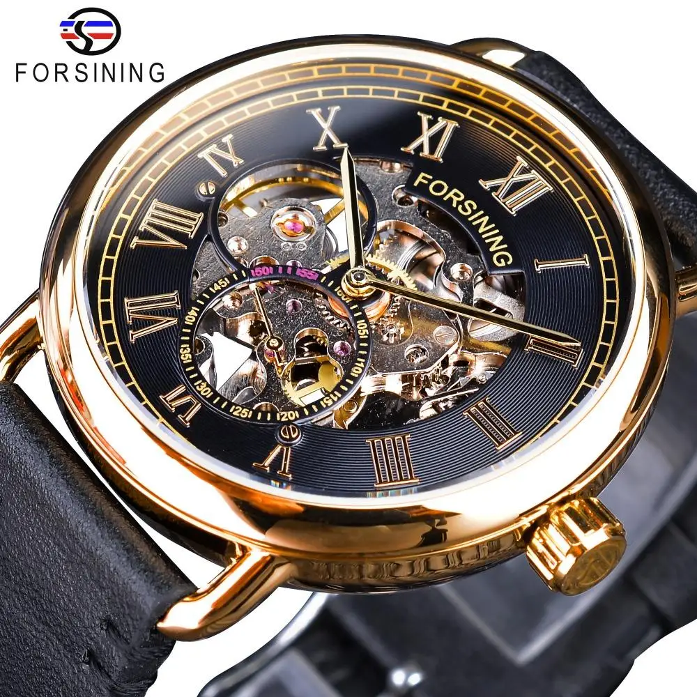 

Forsining Watch Top Brand Luxury Classic Black Golden Openwork Watches Genuine Leather Skeleton Mens Mechanical Wristwatches, 4 colors