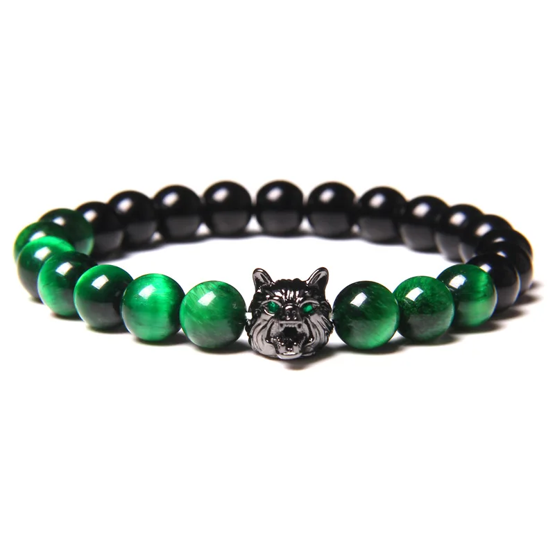 

Wholesale Hot Selling Punk Style Handmade Natural Black Onyx Green Tiger Eye Stone Wolf Head Charm Strand Bracelet For Men