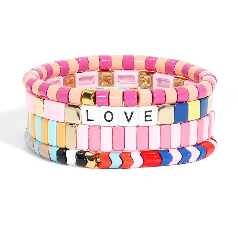 

Dvacaman 2021 Bohemian Boho Trendy Tila Colorblock Alphabet Tile Beads Stretch Mix Multicolor Enamel Bracelets Bangles Set Charm, As pictures