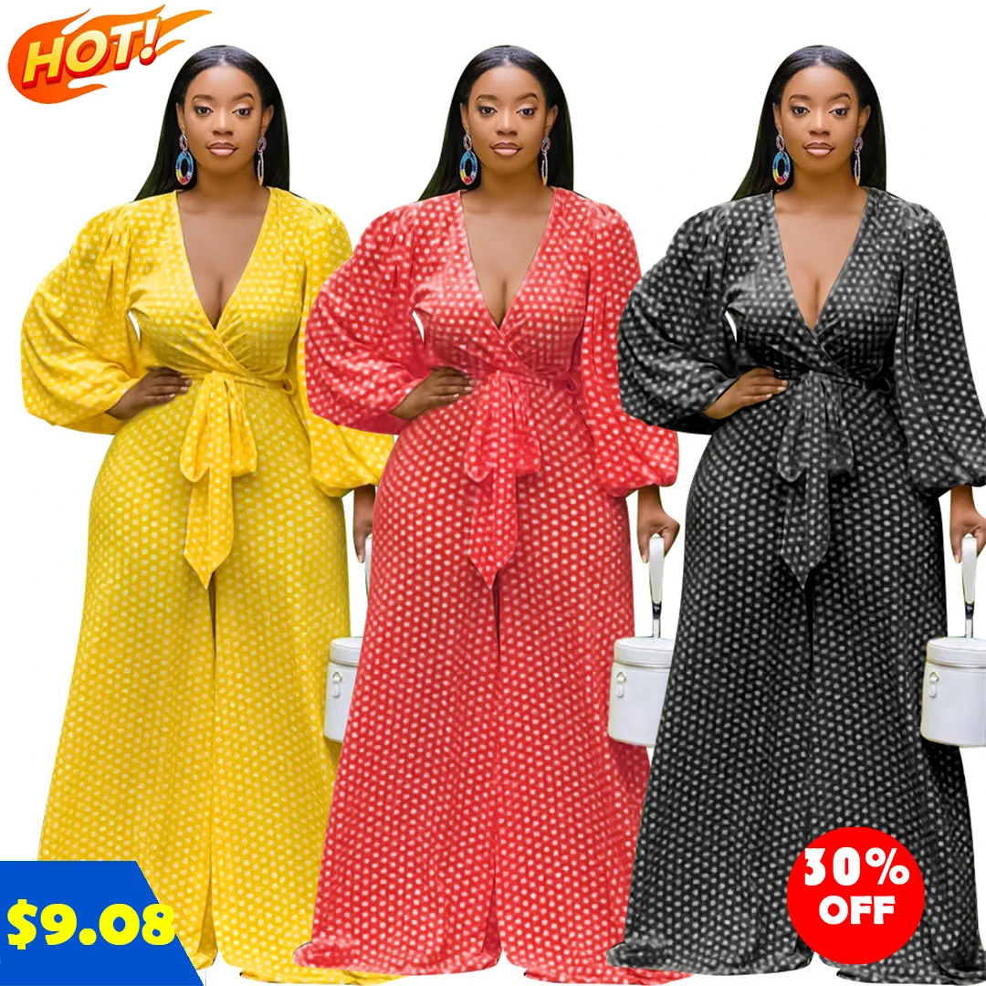

fall 2021 women clothes Women's plus-size puffy spot speckled waist jumpsuit tracksuit and romper sexy v neck cloth for women, As picture