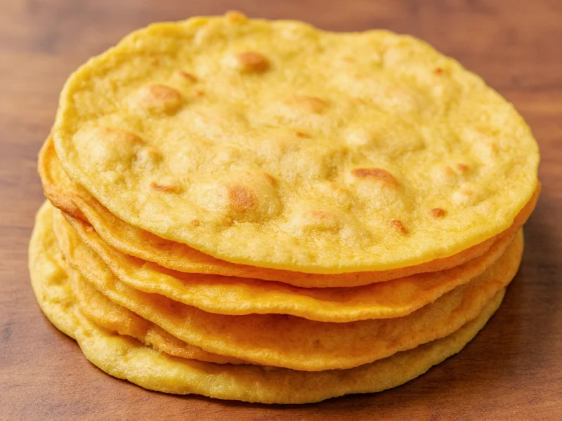 Stack of warm golden corn tortillas on wooden surface