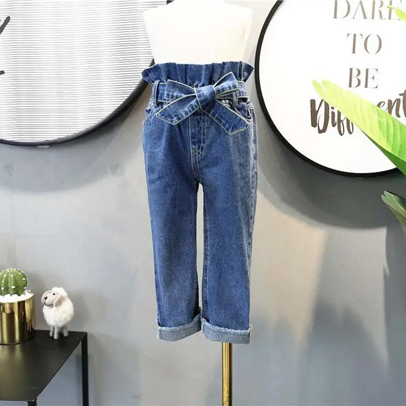 

Kids Pants Girls Fashion Bow High Waist Jeans Trousers 2019 Autumn Children's Clothing Baby Girls Denim Pants, As picture