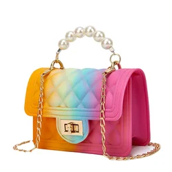 Wholesale Colorful Pearl Handle Gradient Women Handbag Single Shoulder Crossbody Bag Girls Purse Rainbow Messenger Jelly Bag