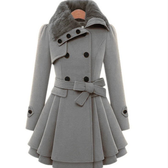 

2020 Winter Women Stylish Thick Overcoat Ladies Belt Lapel Woolen Coat, Photo color