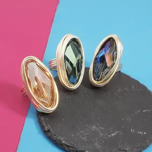 HANSIDON Bohemian Big Oval Crystal Rings Metal Gold Plated Rings For women Handmade Wire Helical Beaded Fashion Wedding Jewelry 2