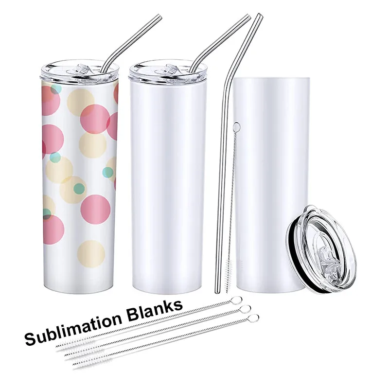 

20oz 20 oz Skinny Straight Slim Stainless Steel Hot Cold White Sublimation Blanks 20-ounce Insulated Cup Mug Tumbler With Straw, White tumbler for sublimation