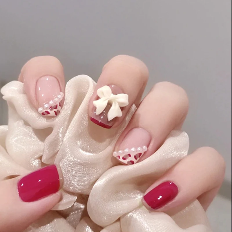 

X38 Detachable leopard Pearl false nail long coffin ballet press on nails new design style fake back glue nail red Leopard bow, Clear