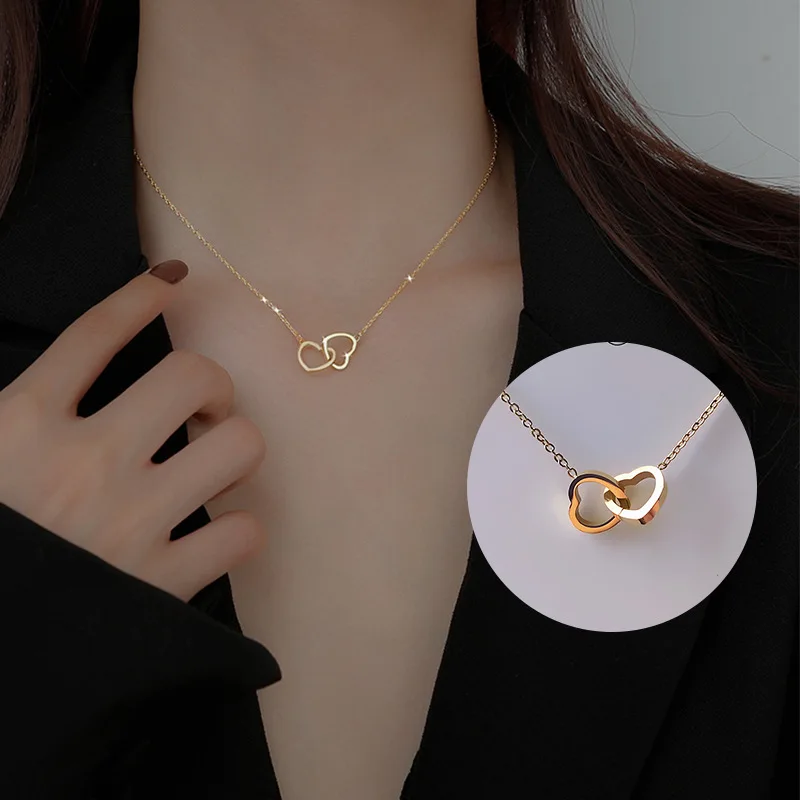 

INS Korean Jewelry Gift Simple Stainless Steel 18k Gold Double Ring Love Heart to Heart Necklace for Women Gifts