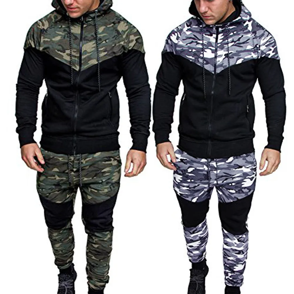 

2021 Fashion camouflage stitching color leisure men's suit hooded sports suits