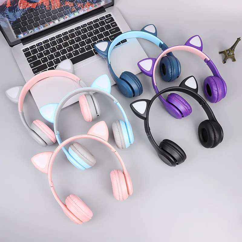 

Hot sale Top Quality P47M Women Kids Children Cute Cat Ear Headphones Headset LED BT5.1 Wireless Headphones, White blue green pink black