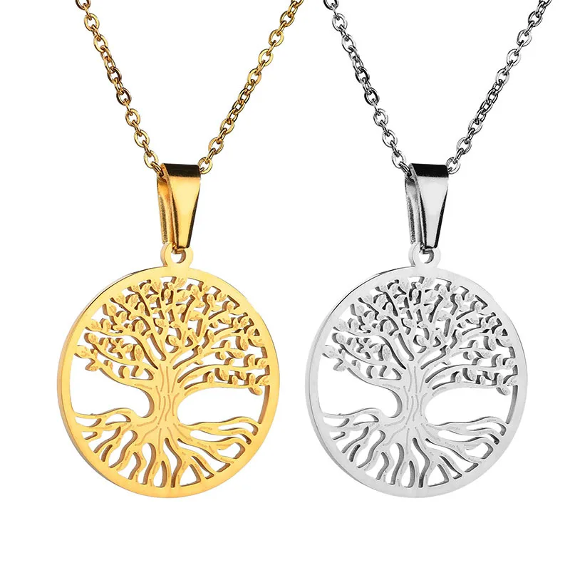 

Gold Plated Round Hollow Life Tree Necklace 316L Stainless Steel Tree of Life Pendant Necklace, As pic show