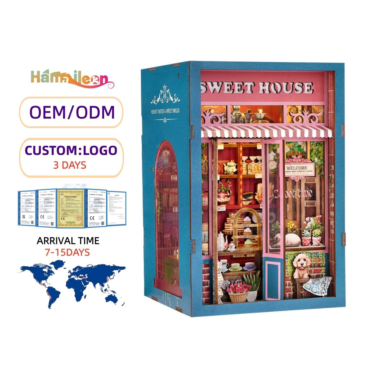 Hamaileon DIY Miniature Dollhouse with Lights Bookshelf Insert 3D Wooden Puzzle Decor Model Sweet House Gift Set Book Nook