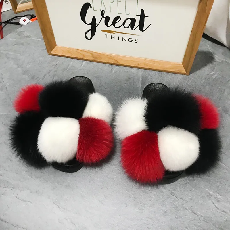 

fashion furry fur ball slippers women fox fur slides custom design for sale, Customized color