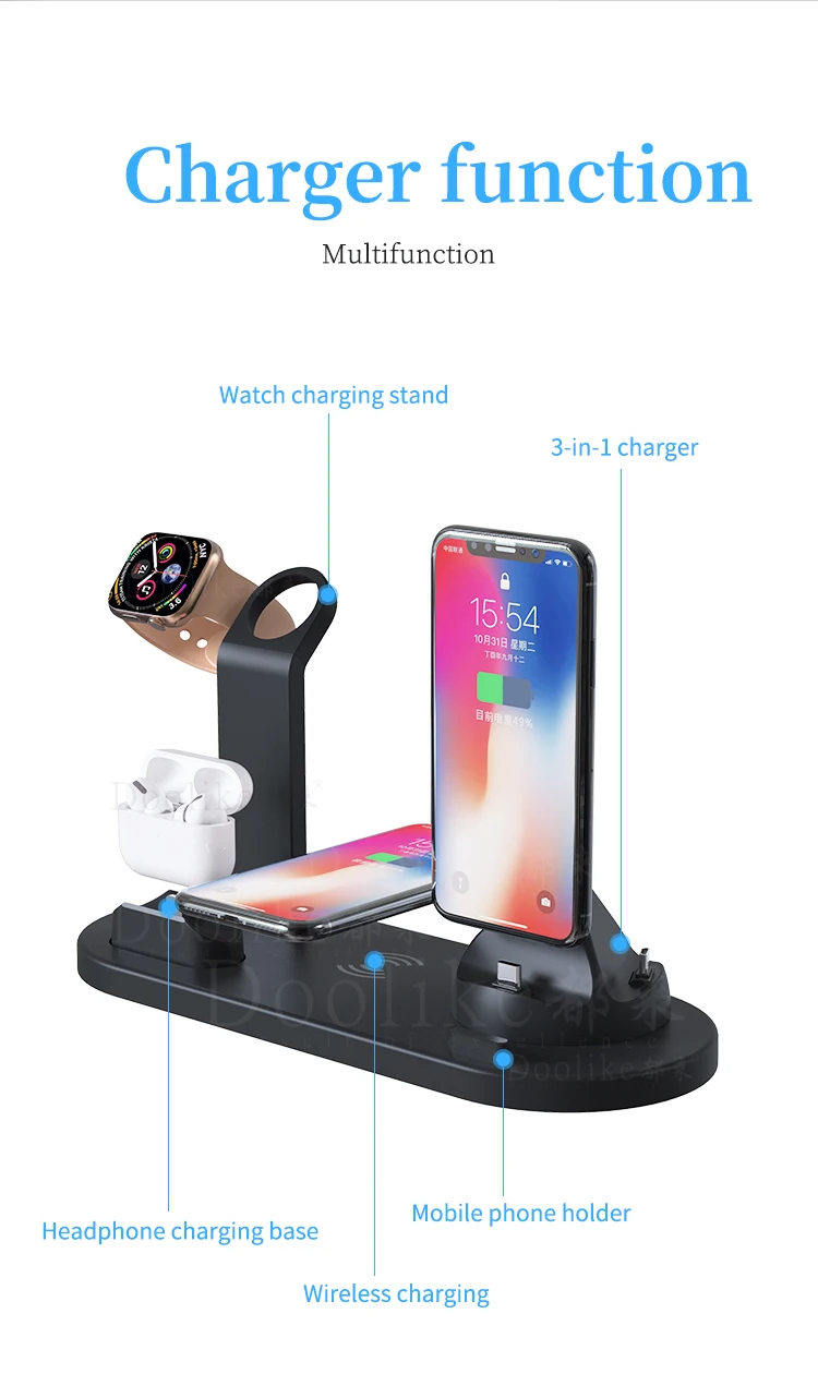 10W 4 in 1 wireless charger,mobile phone charging dock station / watch charging stand / headphone charging base for AirPods Pro