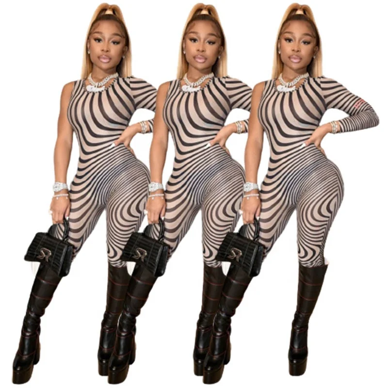 

One Shoulder Zebra Print Bodycon Jumpsuit Romper Women, As shown