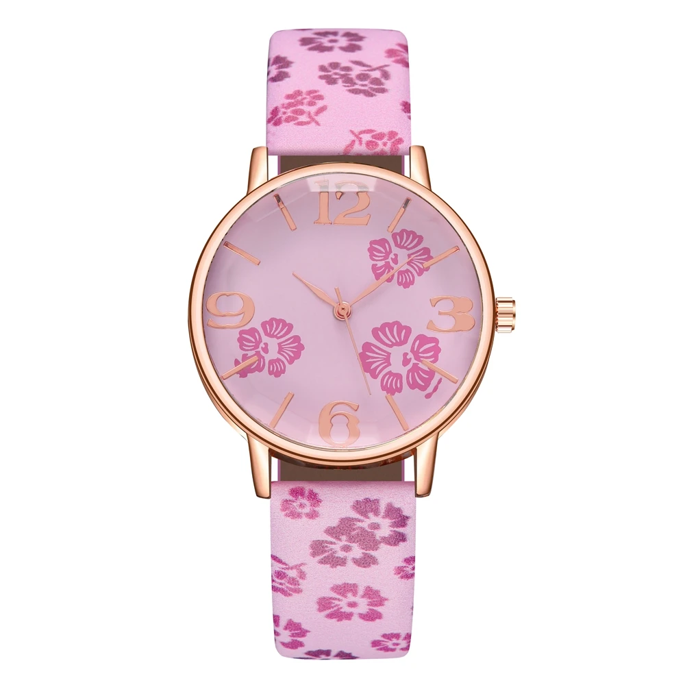 

RTS Floral Pattern Ladies Digital Display Leather Strap Ladies Quartz Watch, As picture