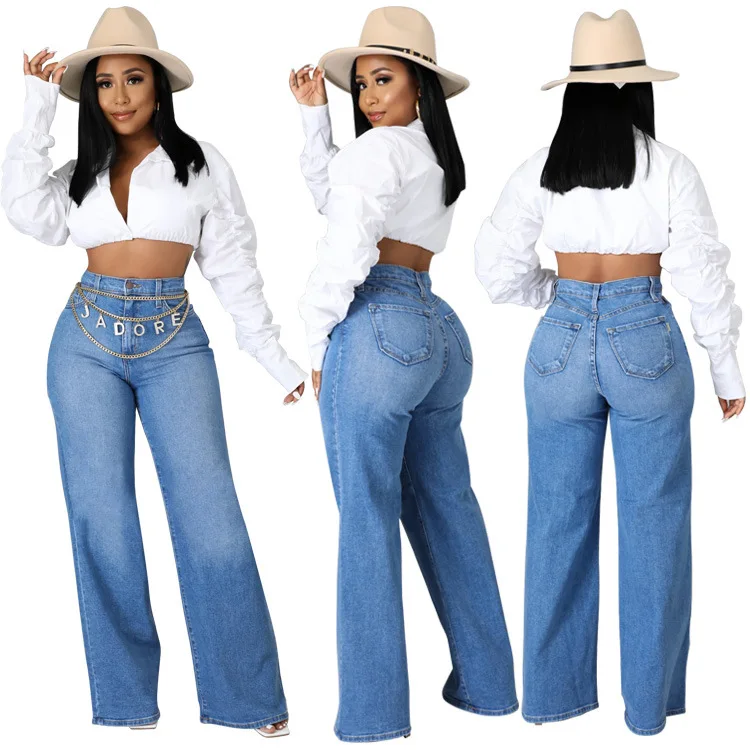 

2022 New Fashion Wide Leg Jeans Ladies High Waist Straight Cut Long Denim Pants Slim Fit Casual Trousers For Women, Customized color