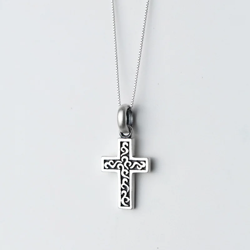 

Necklace Thai silver vintage pattern cross necklace national style 999 pure silver christian jewelry