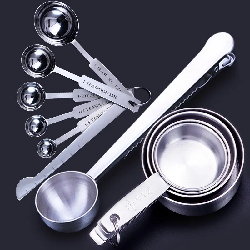 

Kitchen Copper 304 Stainless Steel Coffee Baking Measuring Cups And Measuring Spoons Set With Marking, Silver
