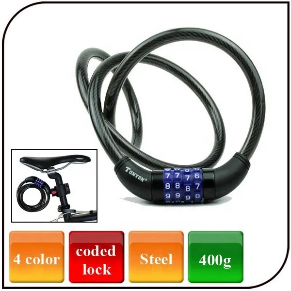 

High Quality Anti-theft Bicycle Cable Lock Steel Bike Code Lock 4 digitals Bike Lock with Password, Black;red;blue;white