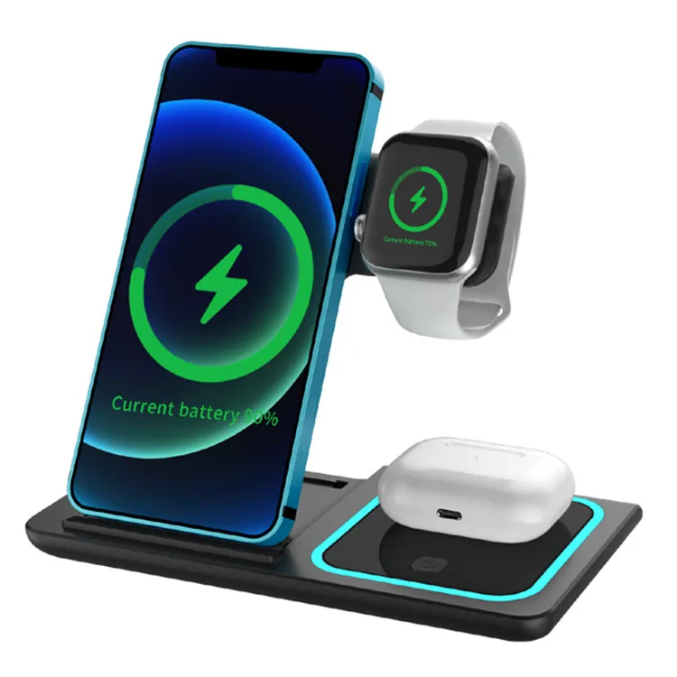 

Portable 3-in-1 Mobile Phone Wireless Charger Multifunctional Foldable Magnetic Phone Charger Stand With Led Light