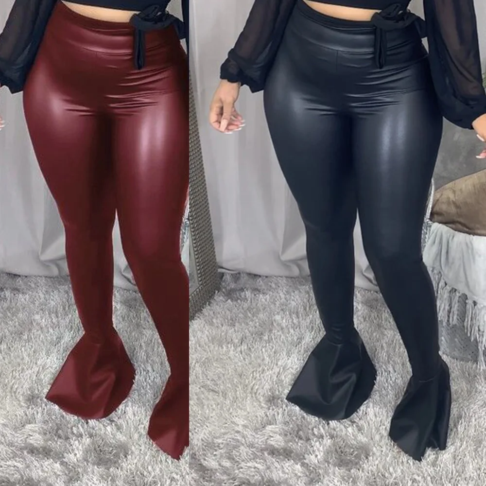 

2021 Spring Women Clothing PU Leather Stacked Pants Set Wholesale Sexy Ladies Women's Trousers Yoga Plus Size Pants Outfits