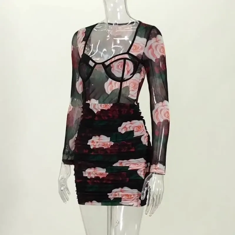 

best seller see through dress night sexy mesh dress women rose printed bodycon dress women clothing