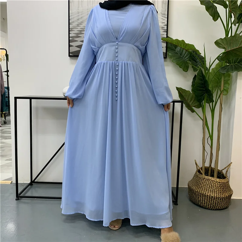 

New Pleated Maxi Dress Non Transparent Full Lined Double Chiffon Dress Turkey Button Modest Abaya, 5 colors available