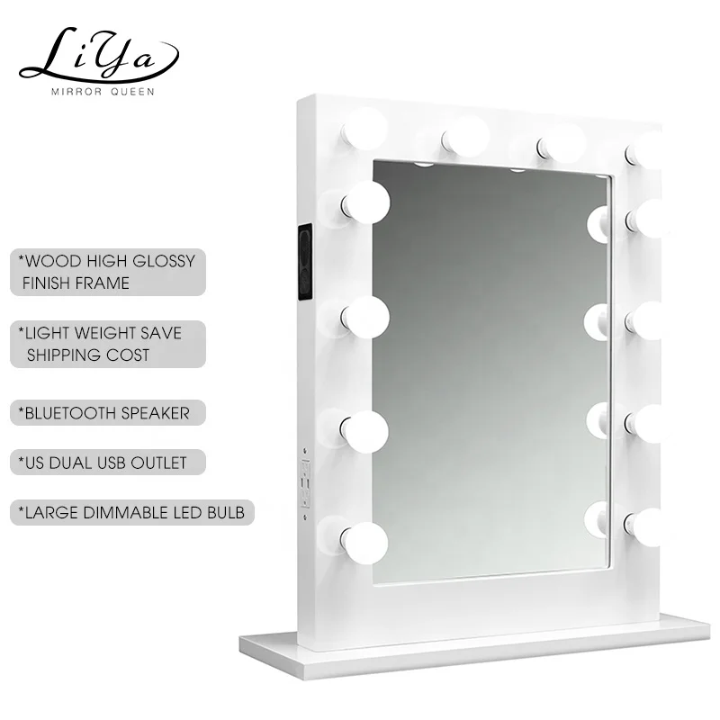

Free Sample Double bluetooth speaker glossy white wood frame hollywood makeup mirror with led with US Canada dual USB outlet, Glossy white finish