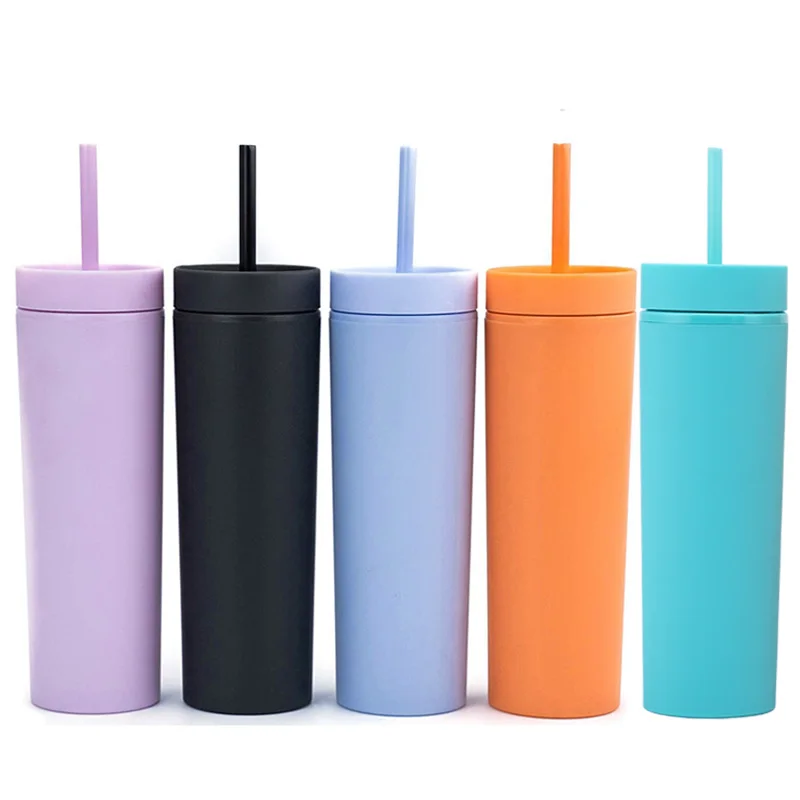 

custom skinny acrylic matte double wall 16oz plastic coffee tumbler cups in bulk with lid and straw, Any color is available