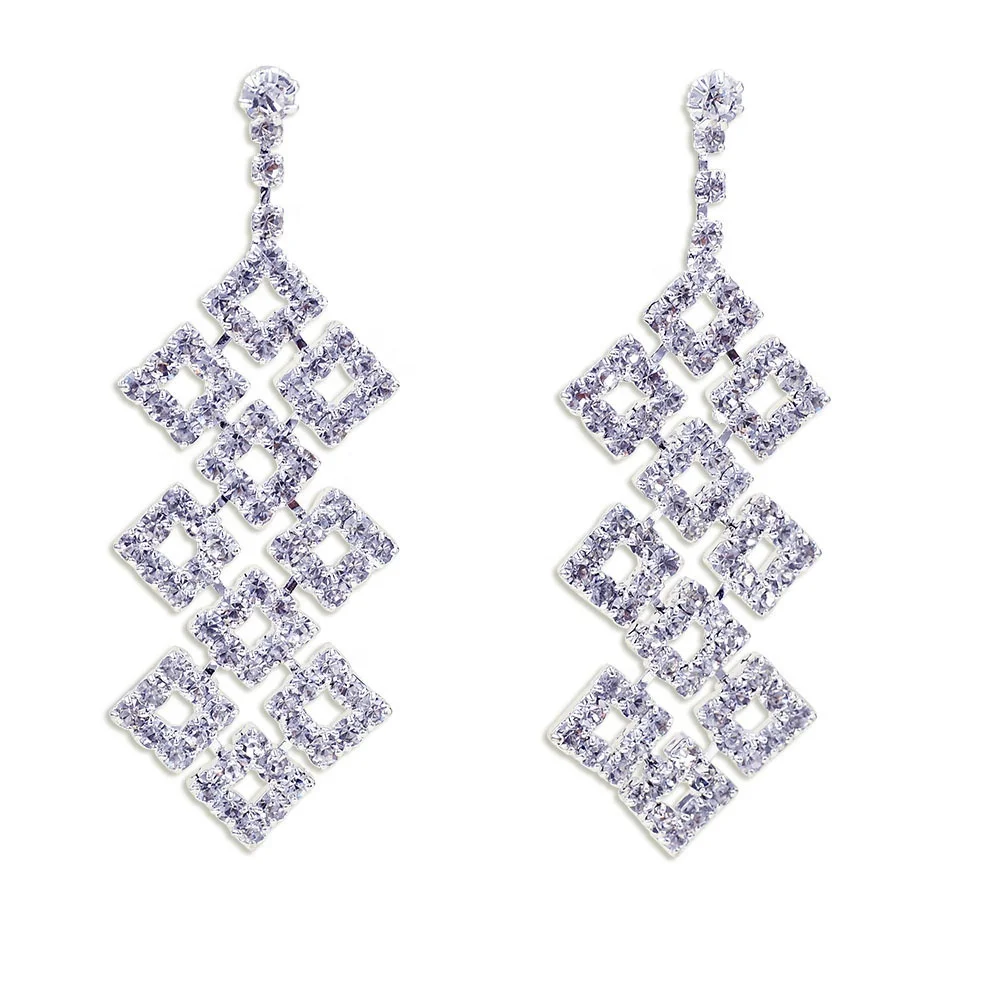 

Stylish Design Silver Rhinestone Geometric Square Big Drop Earrings Women Bridal Wedding Jewelry, Silver as pictures show