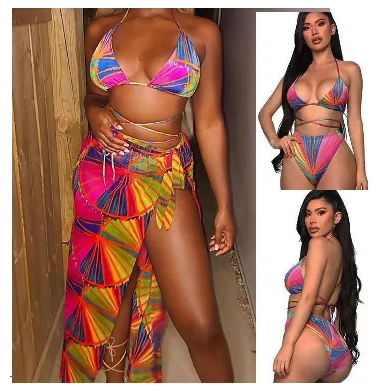 

Best Selling Crossover Bikini Set Brazilian Bandage Bathing Suit Wrap Halter Print Beachwear Three Pieces Swimsuit