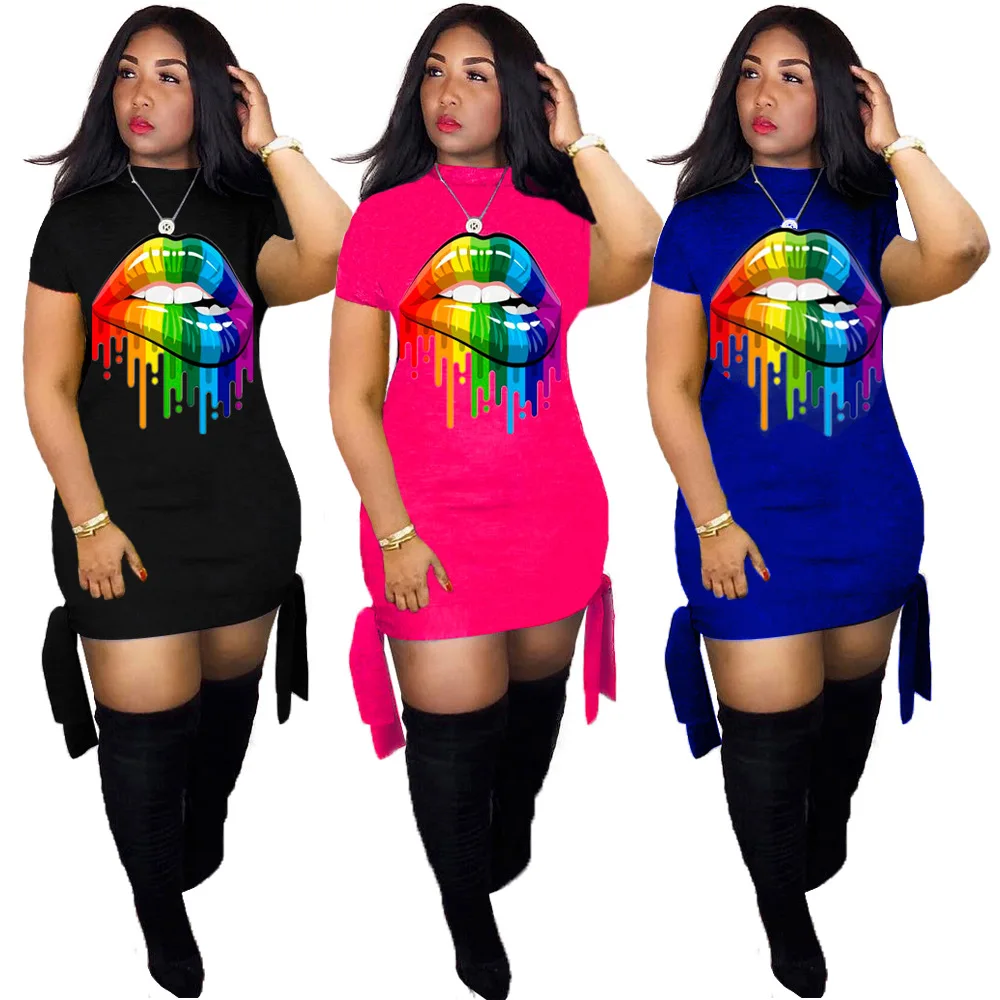 

5XL Plus Size Casual Women Summer Dress Bandage Cotton Sexy Lips Print Dress, Black, rose, blue