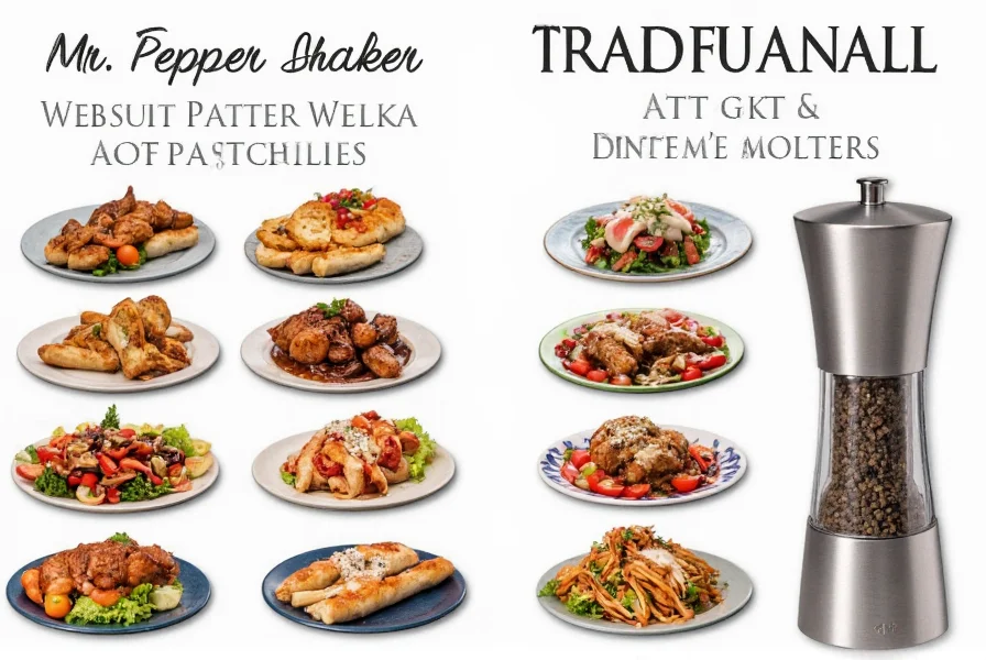Side-by-side comparison of Lawry's Mr. Pepper shaker and traditional pepper mill with various foods showing application techniques