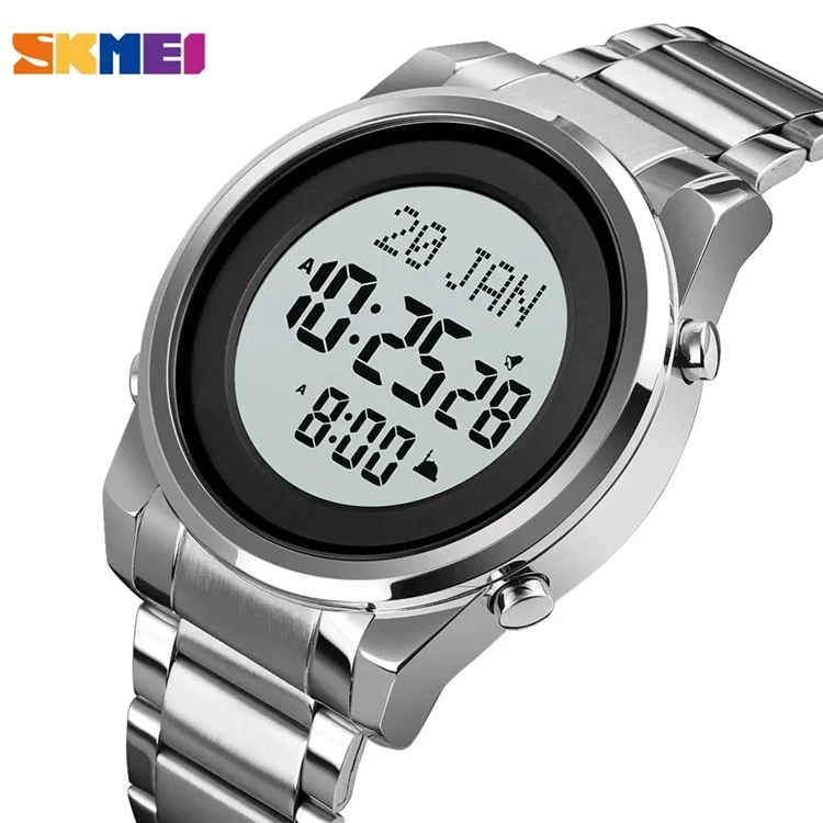 

SKMEI Round Digital Watch For Men Qibla Time Reminder LED Golden Steel Religious Month Electronic Prayer Male Clocks 1734