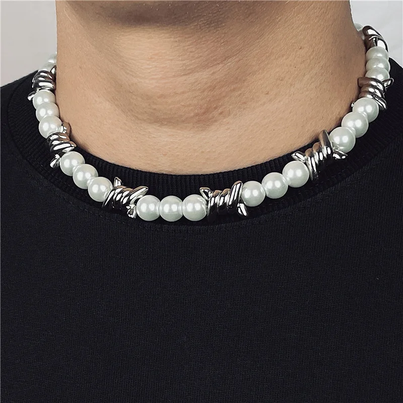 

Hip hop stainless steel kink twist pearl necklace for women men, As picture