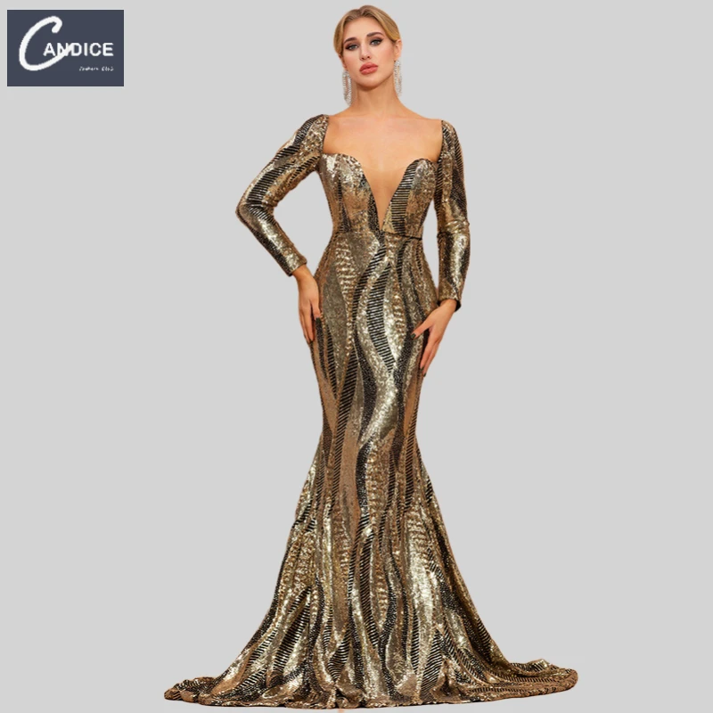 

Candice Haute couture elegant golden luxury ball gown long sleeve prom sequin dress evening dresses with sequined