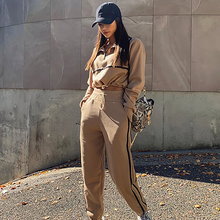 

Lady's Thickened Woolen Ring Patchwork Drawstring Elastic Waist Sweatsuit, 3 colors